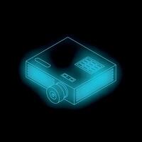 Glowing isometric projector on black background illuminating business meeting vector
