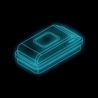 Glowing neon lunchbox on a black background representing back to school, office work, or picnic vector