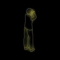 Man taking photo with smartphone, glowing line art on black background vector