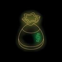 Neon money bag shining on black background symbolizing wealth and prosperity vector