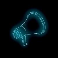 Neon megaphone shouting on black background promoting event vector