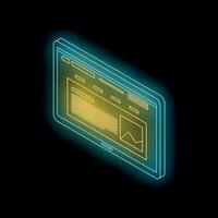 Neon tablet showing website with charts and data in isometric view vector