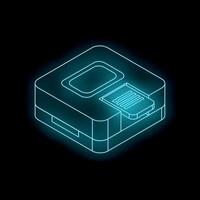 Glowing neon floppy disk icon representing retro technology and data storage vector