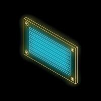 Glowing neon rectangular panel with blue stripes on black background vector