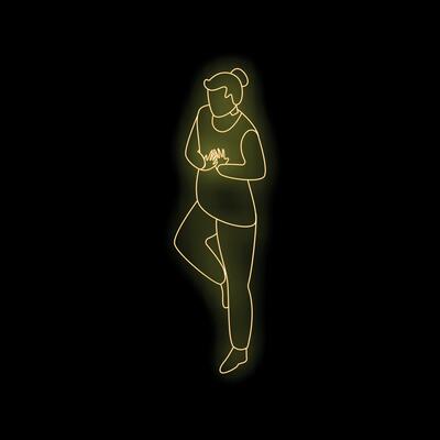 Woman practicing yoga tree pose neon sign on black background