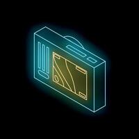 Glowing neon line action camera icon isolated on black background representing path of trajectory of movement vector