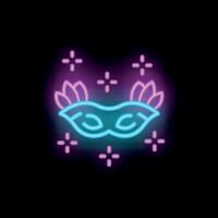 Bright neon carnival mask with feathers glowing on dark background vector