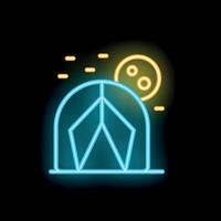 Neon sign representing camping tent under moonlit sky vector