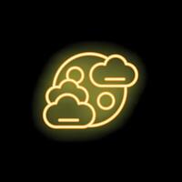 Bright yellow neon moon partially covered by clouds on black background vector