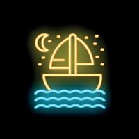 Neon sailing boat navigating night waters under crescent moon vector