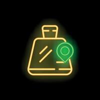Neon suitcase with location pin showing travel destination vector