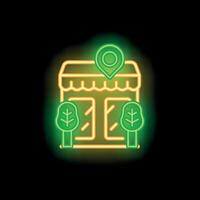 Neon store location icon with pin and trees glowing on black background vector
