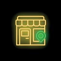 Glowing neon location pin on a store front, representing delivery, online shopping and gps tracking vector