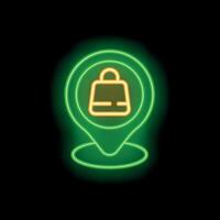 Neon green map pointer with shopping bag icon on black background vector
