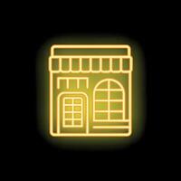 Neon sign representing a generic store with striped awning, door and window on a black background vector