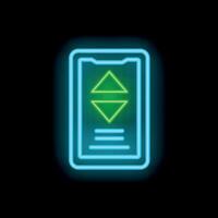 Neon glowing smartphone displaying up and down arrow symbols on dark background vector