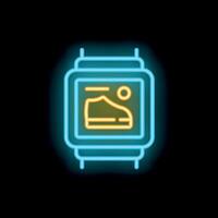 Neon smart watch showing running shoes with mountain and sun icon vector