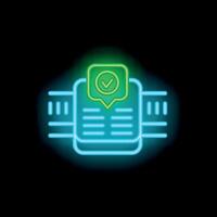 Neon approved document with check mark icon on black background vector