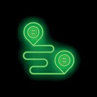 Green neon route with location pin showing distance and navigation on black background vector