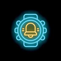 Neon smartwatch showing notification bell icon on black background vector