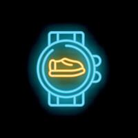 Neon smartwatch displaying running shoe icon, fitness tracking technology vector