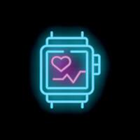 Neon smart watch showing heartbeat and heart symbol on black background vector