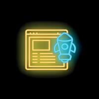 Neon rocket launching from website symbolizing project launch vector
