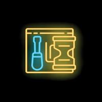 Neon sign representing website under construction with screwdriver and hourglass vector