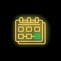 Neon calendar icon showing scheduled appointment with check mark on dark background vector