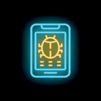 Neon smartphone showing a bug, indicating system failure or malfunctioning vector