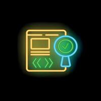 Neon magnifying glass approving document with check mark symbol vector