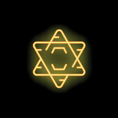 Bright neon yellow star of david shining on dark background