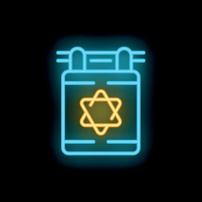Glowing neon mezuzah with star of david on black background
