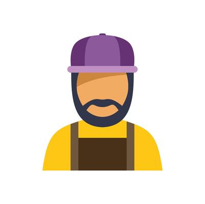 Bearded worker wearing an apron and a purple cap