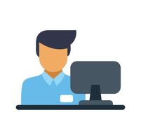 Office worker sitting at desk using desktop computer vector