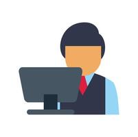 Office worker using desktop computer, businessman working on pc vector