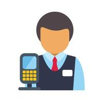 Shop assistant using pos terminal accepting contactless payment vector