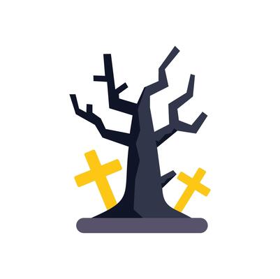 Spooky cemetery with crosses and dead tree at night