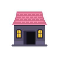 Small stone house with pink tiled roof and illuminated windows at night vector