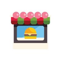 Burger shop window displaying tasty hamburger under striped awning vector
