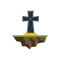 Stone cross standing on floating island of grass and dirt vector