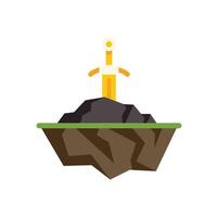 Golden sword standing on floating island representing power and fantasy adventure vector