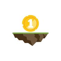 Gold coin with number one floating on a piece of land with green grass vector