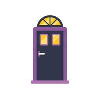 Closed front door with two yellow windows and arched transom light vector