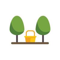 Picnic basket resting between two trees in a park, symbolizing outdoor relaxation vector