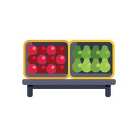 Fresh produce displaying apples and avocados in crates at local market vector