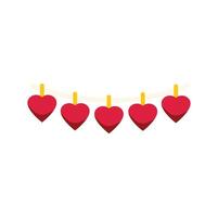 Five red hearts hanging on a string representing love and romance vector