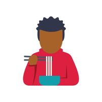 Faceless young man enjoying a bowl of noodles using chopsticks vector