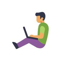 Young man working remotely using laptop while sitting cross legged vector