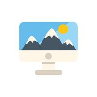Desktop computer displaying snowy mountain landscape with sun shining vector